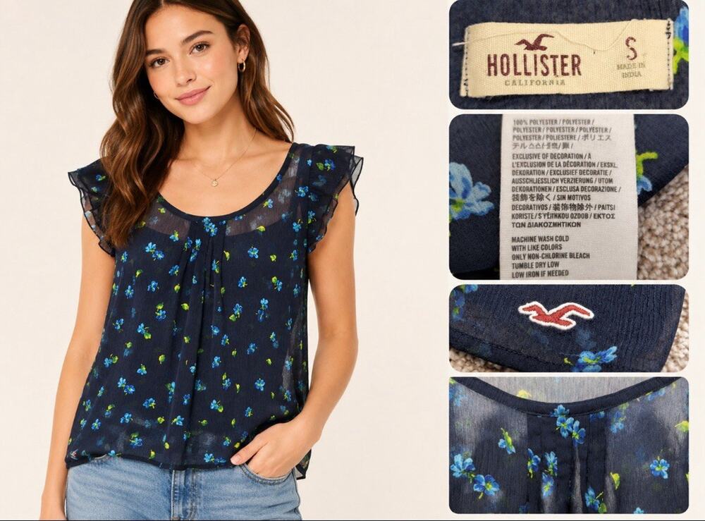 Y2K Indie Sleaze Boho Hollister Flutter Sleeve Blouse Size S Navy Floral Sheer